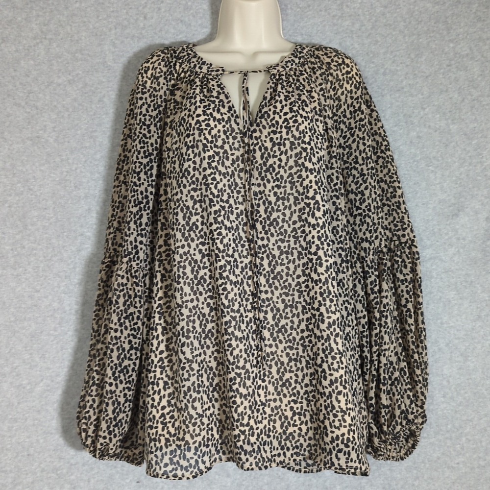 Ophelia Roe Womens Cheetah Print Blouse Top‎ 1XL Long Balloon Sleeve Flowy NWOT